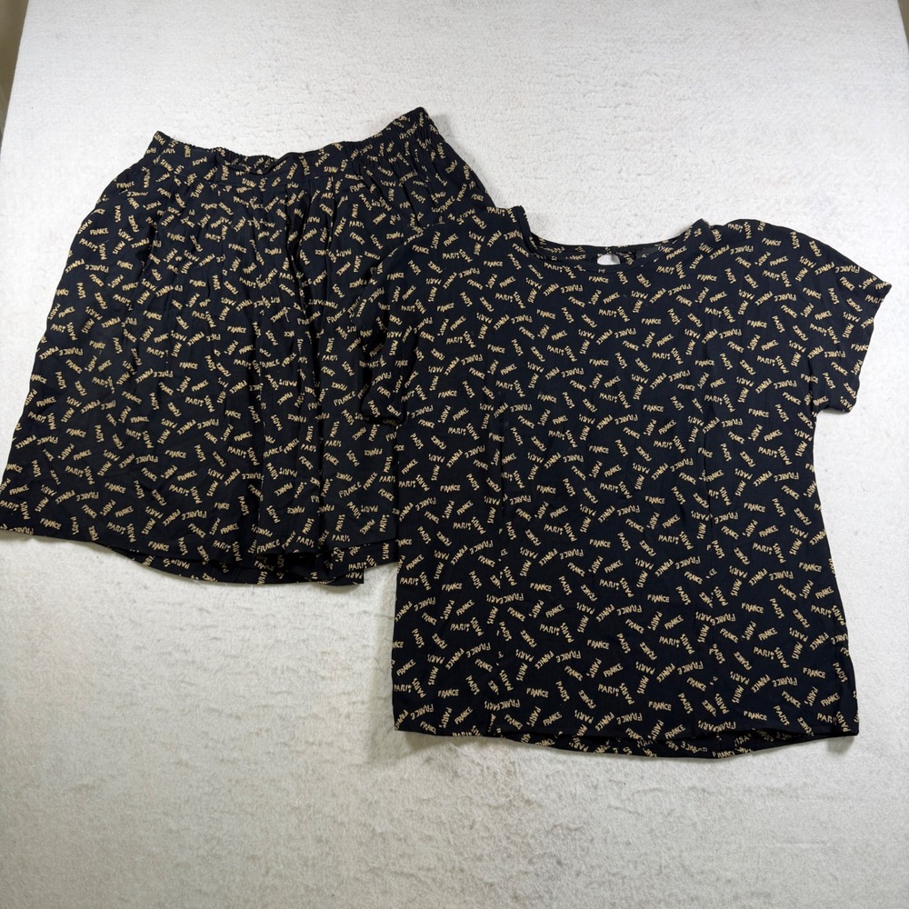 Vintage Paris France Rayon Gauze Two Piece Set Shorts Top Black Gold Size 12